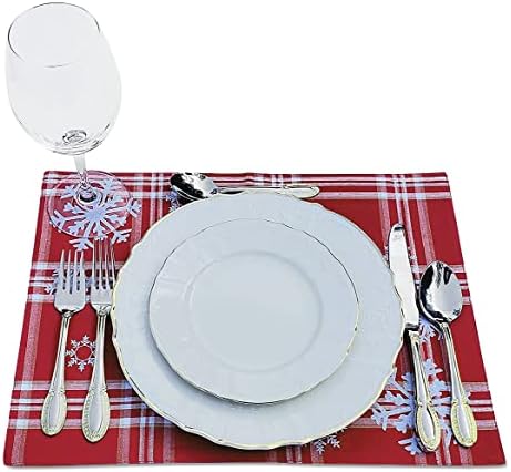 Kovot Készlet (1) 72 asztali Futó + (8) Placemats | Karácsonyi Ünnepi Asztal Dekoráció | Piros-Fehér Fóliával Ékezetek Hópehely