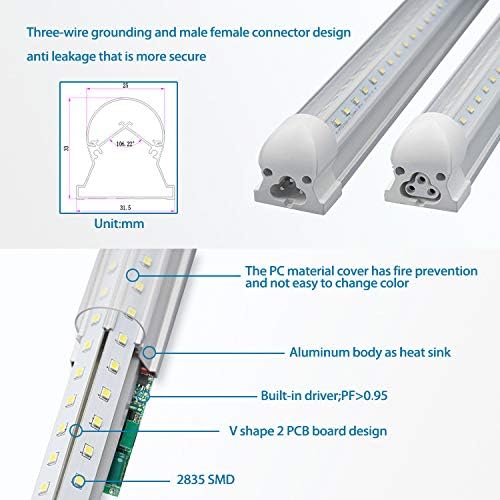 8FT LED világítótestek 72W, (25 Db)T8 8FT LED Bolt Fény 5000K Nappal Fehér Kettős Oldalon T8 V-Alakú Integrált 8 Láb LED Cső Világítás(150W
