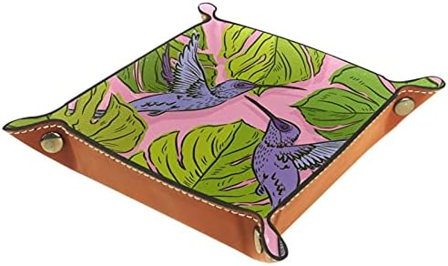 Zöld Monstera Levelek Lila Kolibri Rózsaszín Praktikus Mikroszálas Bőr Tároló Tálca-Irodai Asztal Tálca Éjjeli Caddy Tároló Szervező