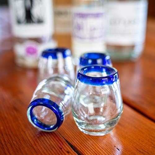 Mexikói feles pohár | Kézzel Fújt, Kézműves Kialakított | Kék Felni Hordó Design | Tökéletes Tequila vagy Mezcalt | 2 oz. | Készlet