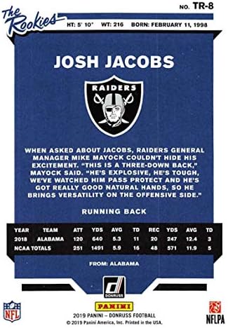 2019 Donruss Az Újoncok 8 Josh Jacobs Oakland Raiders RC Kezdő NFL Labdarúgó-Trading Card